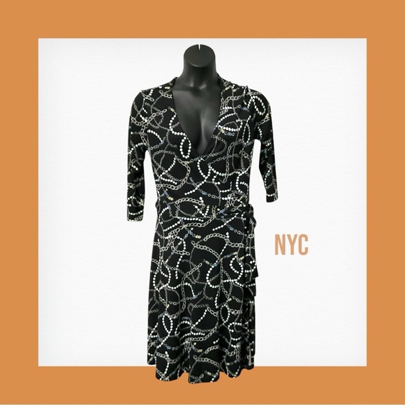 New York& Company Black White Wrap Dress SZ L‎ Women Geometric Career Church - Picture 2 of 7